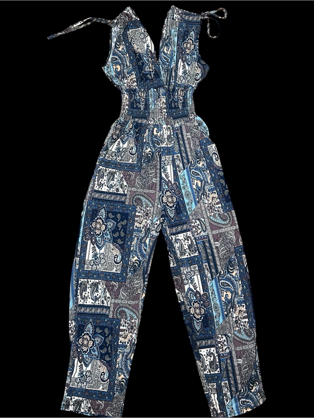 Gorgeous Blue Paisley Sleeveless V-Neck Jumpsuit WITH POCKETS!